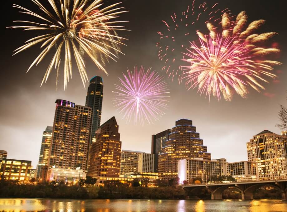 Firework shows on New Years Eve in Austin